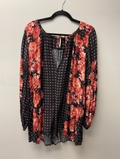 Free People Dress Black Red Floral Long Sleeve V Neck Short Mini Womens Small