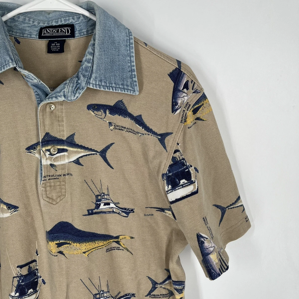 Lands End Mens Beige Tan Fish Print Denim Collar Polo Shirt Size M
