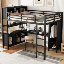 Metal Full Size Loft Bed Frame with Wardrobe & Desk for Kids Teens Adults