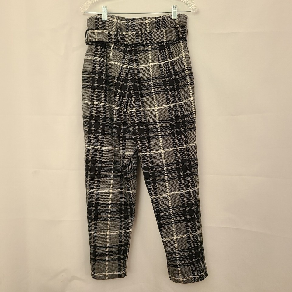 Amanda Uprichard Sz M Black White Gray Plaid Paper Bag Waist Tie Wool