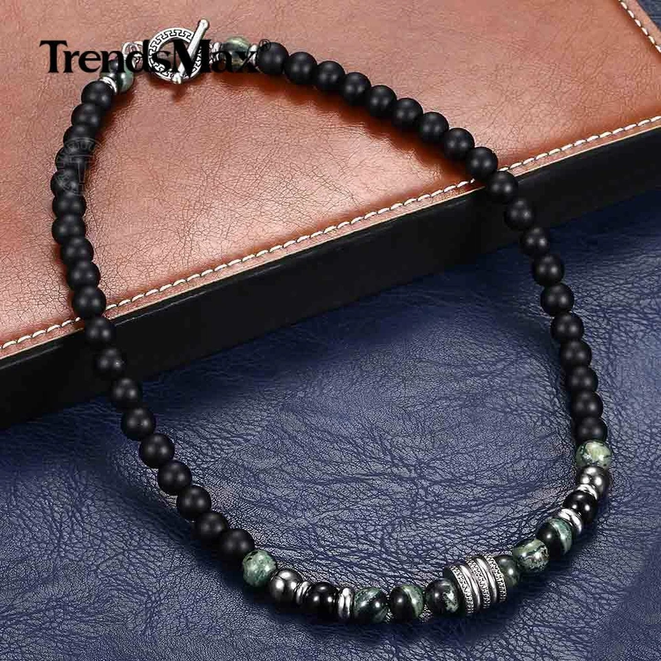 Collar Natural Ojos de Tigre Jaspe Cuentas para Unisex Acero Inoxidable Dije Navidad Foto 2 de 4