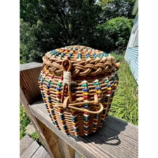 Farmhouse basket lid wicker basket handle country decor garden basket 