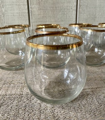 Vintage Roly Poly Lowball Barware Glasses Gold Rim Mid Century Set/8