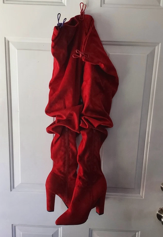 Botas para mujer de gamuza vegana hasta el muslo rojo lápiz labial de bambú talla 8 Foto 4 de 4