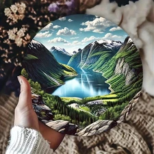 1pc Large Round Norway Geirangerfjord Landscape Metal Wall Art - Vibrant Scandin