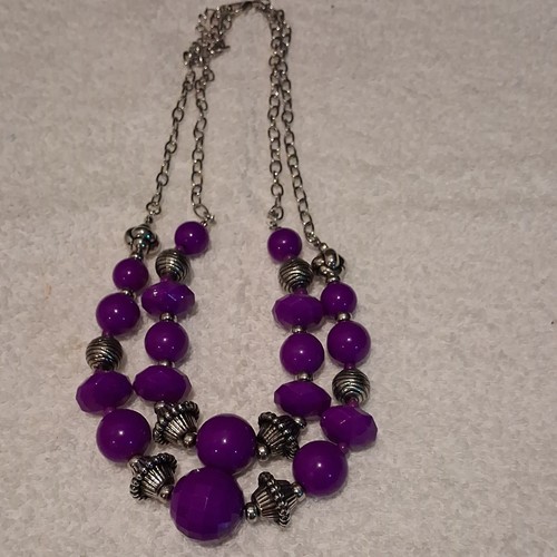 Purple Plastic Beaded Statement Necklace Double Strand Silver Tone Cable Chain