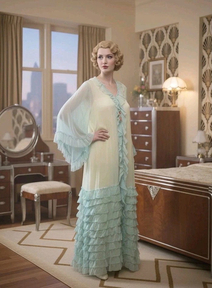 Vtg 20s Seafoam Green & Yellow Silk Georgette Robe Jay Thorpe Flapper Lingerie - Image 2 of 4