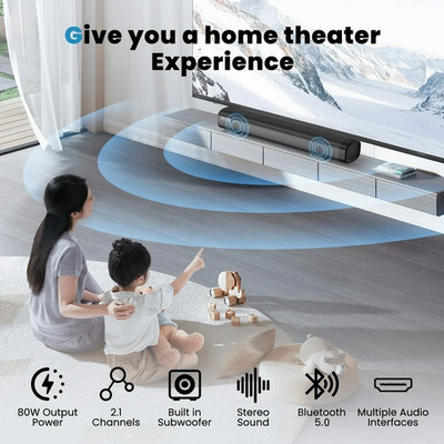 80W 2.1CH Soundbar Subwoofer, 3D Surround Sound HDMI Optical AUX fr Home Theater