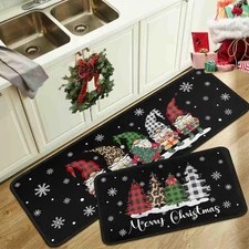 Christmas Gnomes Black Kitchen Rugs and Mats Set of 2, Winter Holiday Party L...
