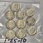 Lot of 10 Roosevelt Dimes 1/10 Dollar .900 Silver random dates 1-25-10