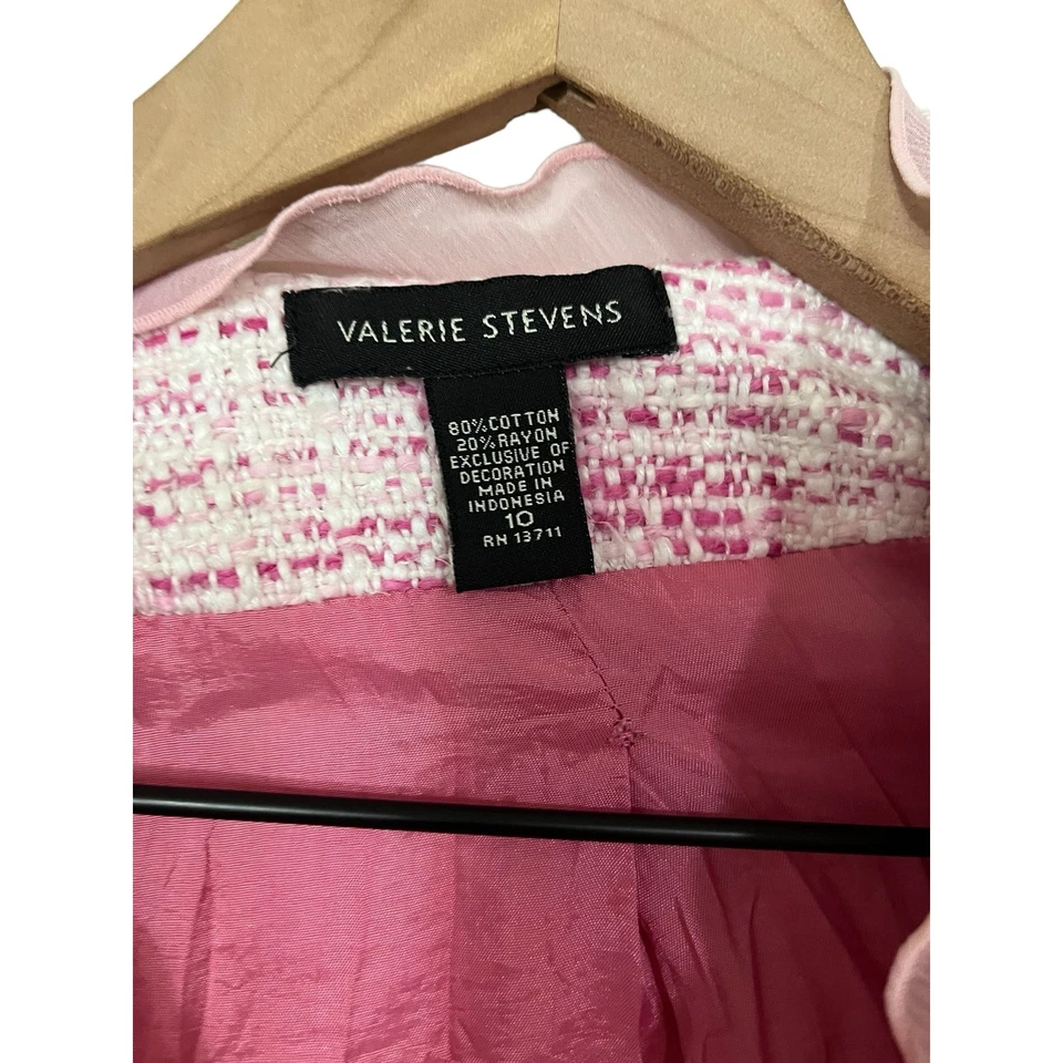 Blazer abierto Valerie Stevens para mujer rosa tweed con volantes talla 10 Foto 3 de 4