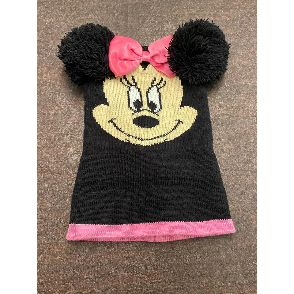 Disney Junior Minnie Mouse Negro Tejido Invierno Gorro Sombrero Pompones Rosa Lazo Foto 3 de 4