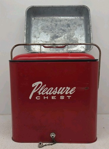 Vintage 1950's Pleasure Chest Cooler Red Metal w/bottle opener & Tray EXCELLENT