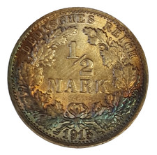 DEUTSCHES KAISERREICH 1/2 HALBE MARK 1915 F SILBER