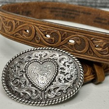 Justin Boots Tooled Leather Trophy Heart Belt 815BD Kids Size 22 Brown Leather