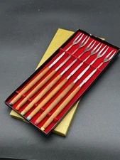 6 Mid-Century Modern Teak Handled Wood FONDUE FORKS, Orig. Box, Celluloid Tips