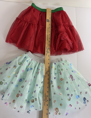 Lot of 2 Girls Tutus Sz 6 Tulle Pastel Green Floral Shiny & Christmas Sparkle - Picture 2 of 9