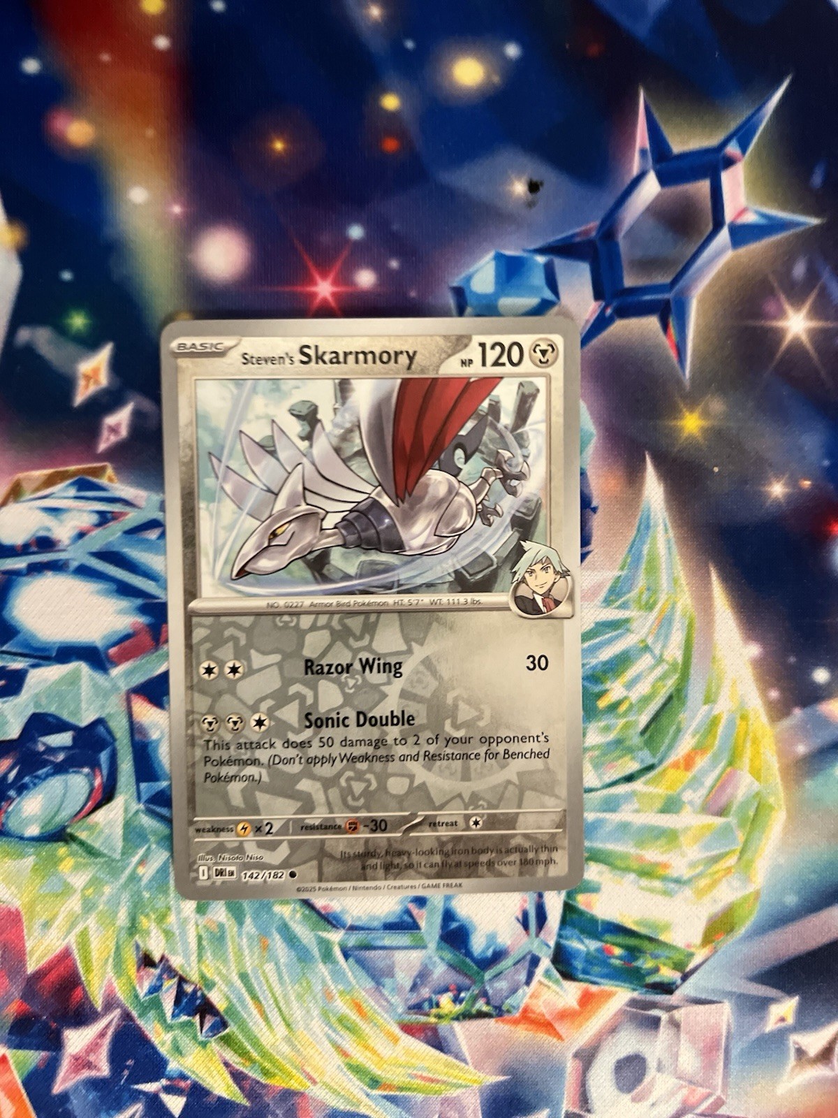 STEVEN'S SKARMORY 142/182 DESTINED RIVALS POKEMON (REVERSE HOLO, NM)