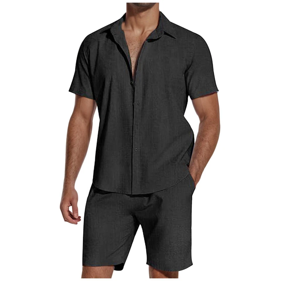 Conjunto de 2 piezas de algodón y lino para hombre manga corta camisas con botones verano playa Foto 3 de 4