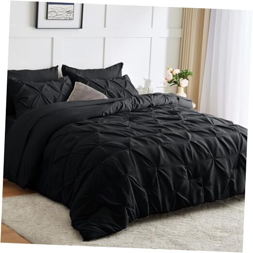 Comforter Set - 7 Pieces Bed in A Bag Comforters Size, Pintuck Queen Black-image