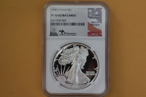 1988 S PROOF SILVER EAGLE NGC PF70 UCAM JOHN MERCANTI SIGNED