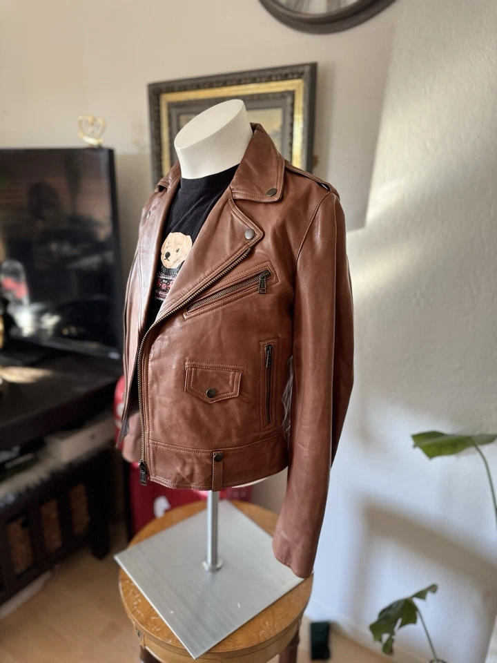 Preciosa Chaqueta Polo Ralph Lauren Coñac Marrón Cordero Cuero Moto Usada en Excelente Condición - Talla 2 Foto 3 de 4