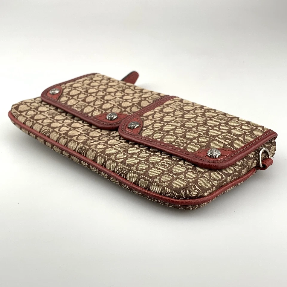 Bolso sin asas organizador de tarjetas billetera Brighton marrón lona corazón rojo ribete de cuero Foto 3 de 4