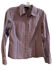 Geoffrey Beene Women's Blouse Size 4 Purple White Gingham Check 100% Cotton 4