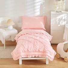 4 Pieces Pinch Pleated Toddler Bedding Set with Ruffle Fringe, Toddler, Pink