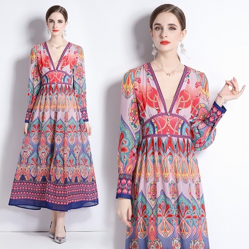 Runway Fashion Floral Print Holiday Style Bohemian Long Sleeves V-Neck Maxi - 第 1/6 張圖片