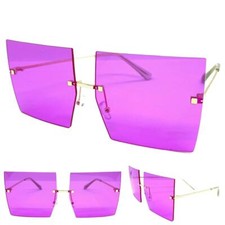 OVERSIZED EXAGGERATED RETRO SUNGLASSES Gold Rimless Frame Big Square Purple Lens