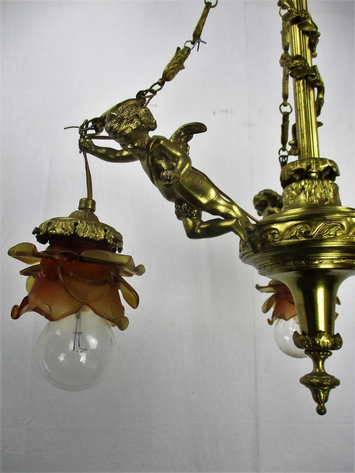 Antique Empire  Chandelier Putti Cherubs Angels 3 arm Lights Amber Shades Lovely - Image 4 of 4