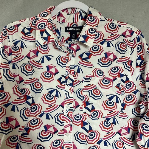 Lands End Top Shirt Women Large Pink Beach Umbrellas Beach Coastal Cruise Resort