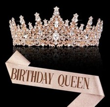 Rose Gold Crown for Women Birthday Queen Sash  Rhinestone Tiara Set Birthday...