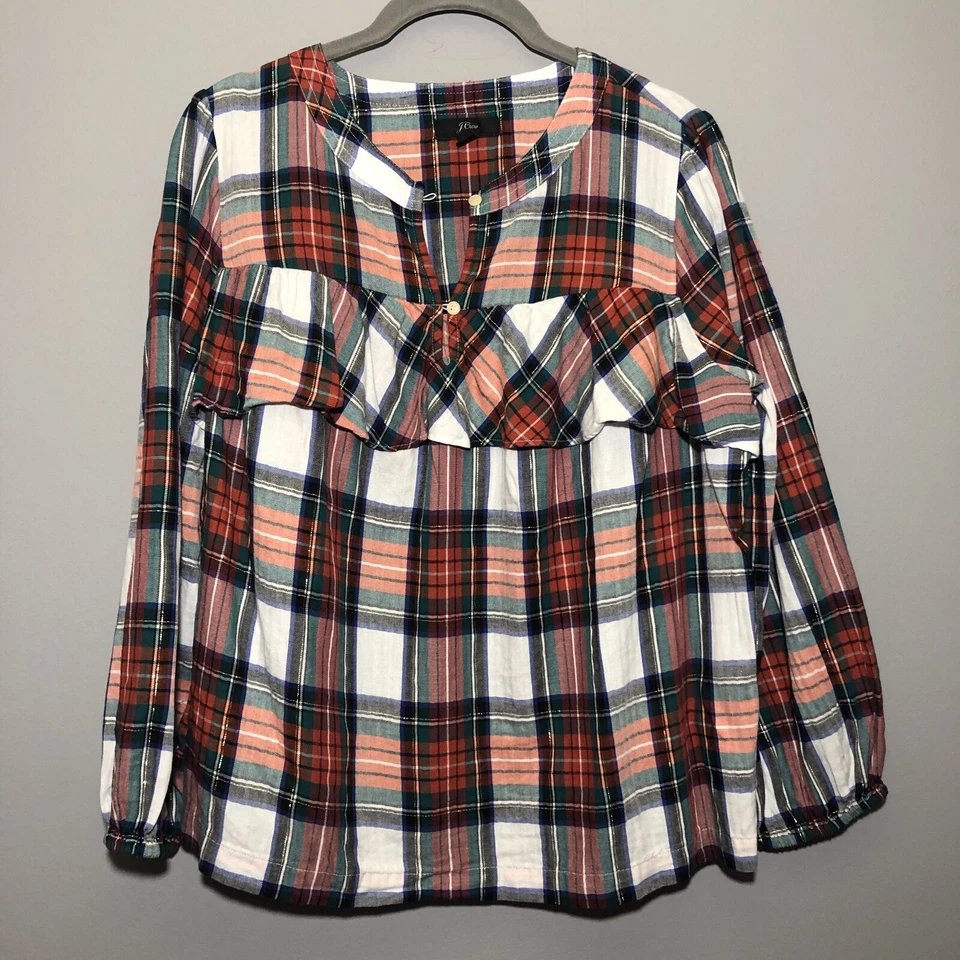 Blusa Top J Crew Borde con Volantes Nevada Stewart Tartán Mediana Fibra Metálica Ojo de Cerradura Foto 4 de 4