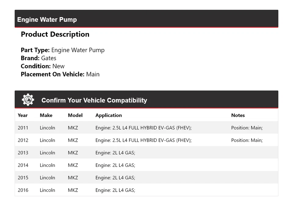 Puertas de bomba de agua para motor Lincoln MKZ 2011-2016 2012 2013 2014 2015 Foto 2 de 4