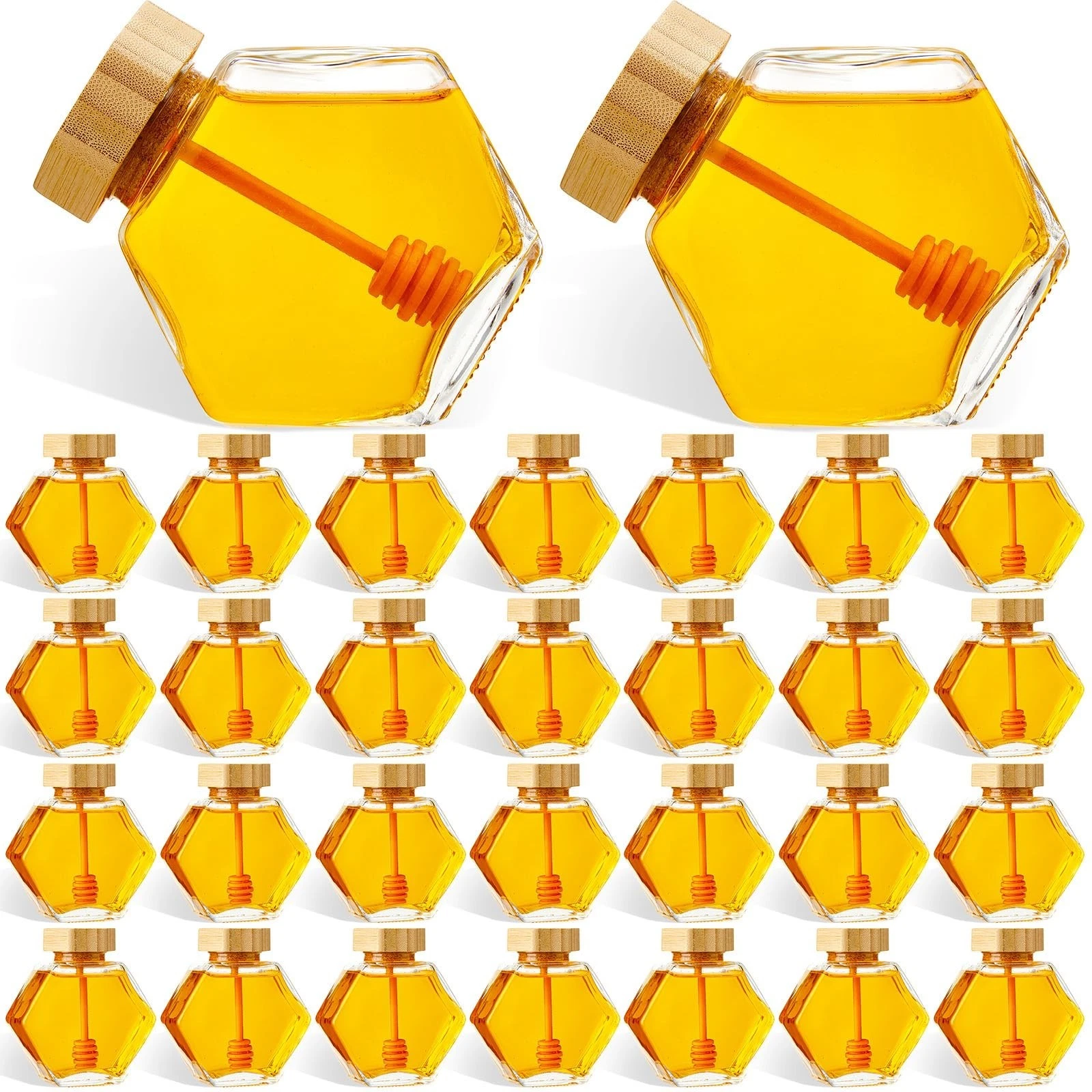 30 Pcs Hexagonal Glass Honey Jars with Wooden Dipper & Cork Lid - 220ml Storage