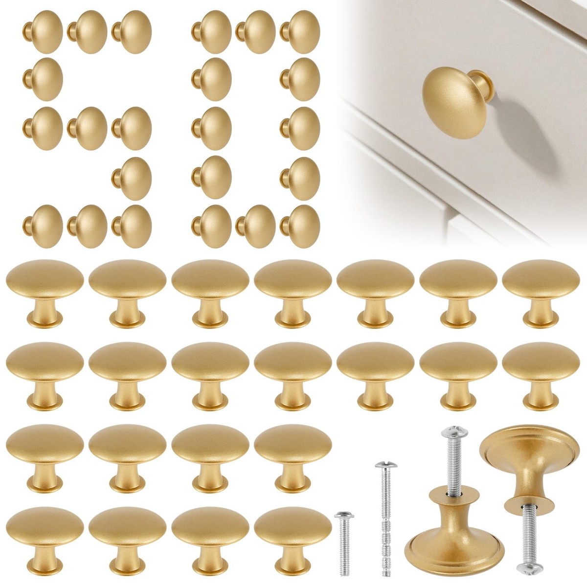 50 Pack Gold Round Cabinet Knobs 1-1/6 Inch (30mm) Drawer Knob Bulk  Set/Hollo... | eBay