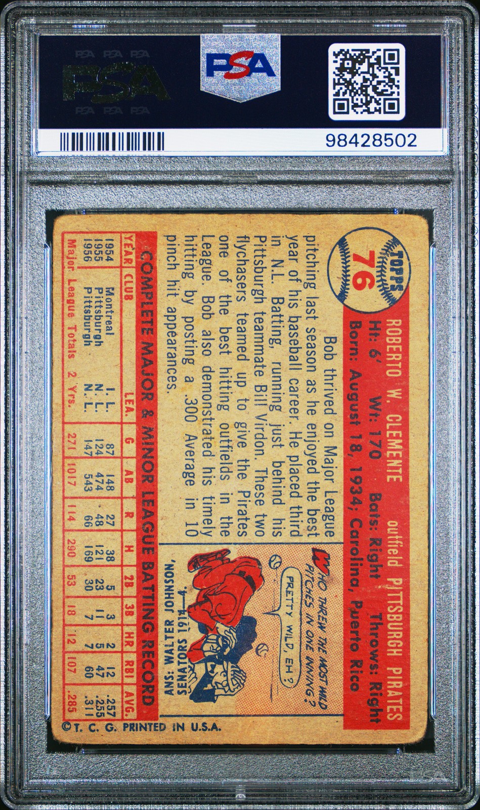 1957 TOPPS #76 BOB CLEMENTE PSA 1 view 2