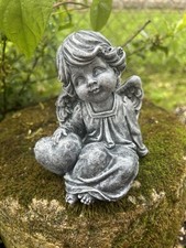 Angel Statue With Heart   5 Inch Cast Stone Outdoor Garden Figure - NEW