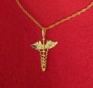 Authentic 14KT GOLD PLATED CADUCEUS CHARM PENDANT WITH 16-30" ROPE CHAIN NECKLACE - 2735