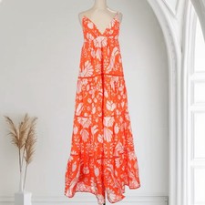 Farm Rio Orange Neon Jungle Tiered Maxi Dress Women's M Tropical Dopamine