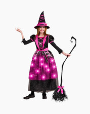 Girls LED Light-Up Witch Costume Black/Pink Dress w/ Hat Broom Set Large 10-12
