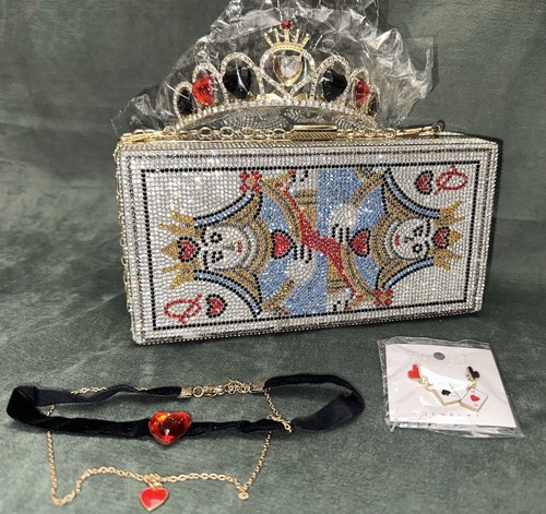 Queen of Hearts Playing Card Gold RHINESTONE Clutch Purse-crown-choker-earrings