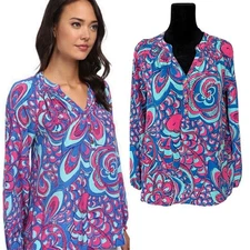 Lilly Pulitzer Elsa Blouse Top in Reel Me In 100% Silk Mermaid Core Vacation Sm