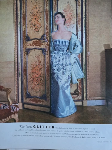 Abito da sera donna Dior in raso blu 1952 vintage pubblicità moda