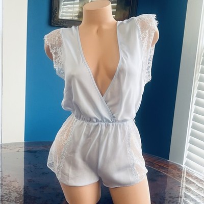 Adore Me Sleep Romper Nightie Teddy Sky Blue Lace Sz XS