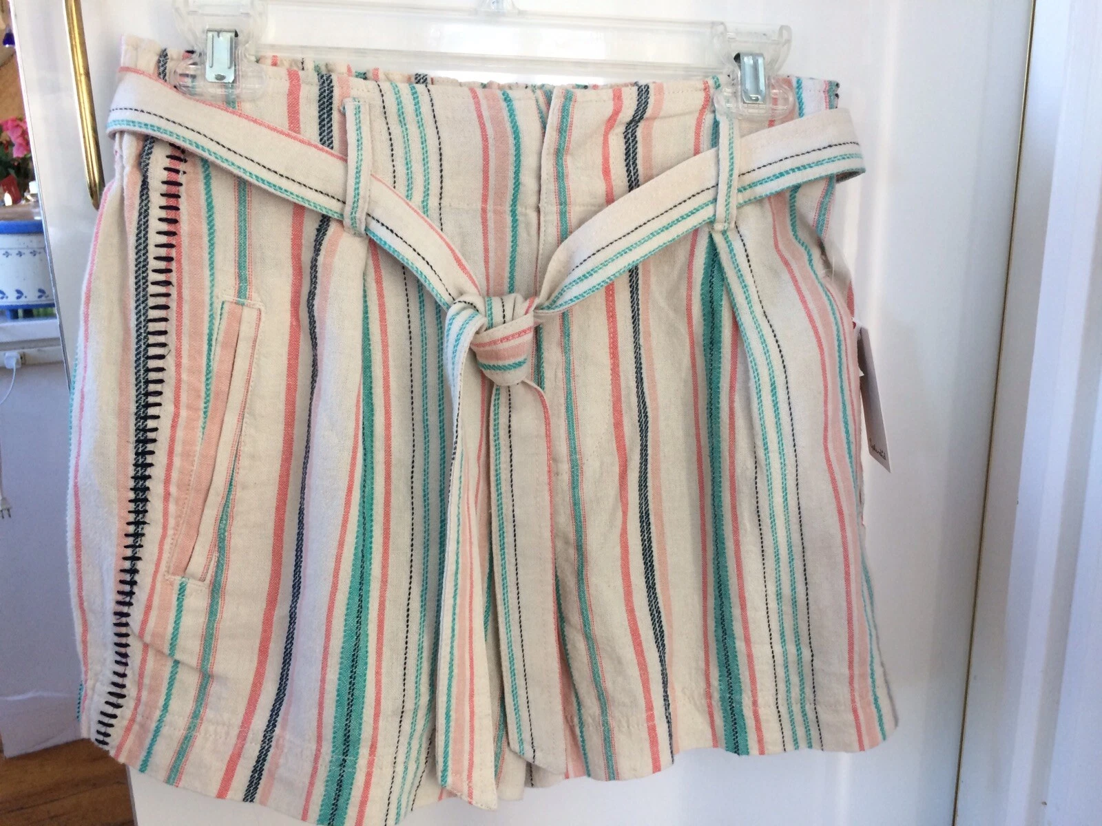 Splendid Womens La Paz Multi Stripe Shorts Linen Elastic Pockets Belted Small