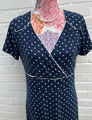 Joe Browns Dress Polka Dot Spots Blue Stretchy Fit Flare Nautical Size 16  EUR 42 | eBay