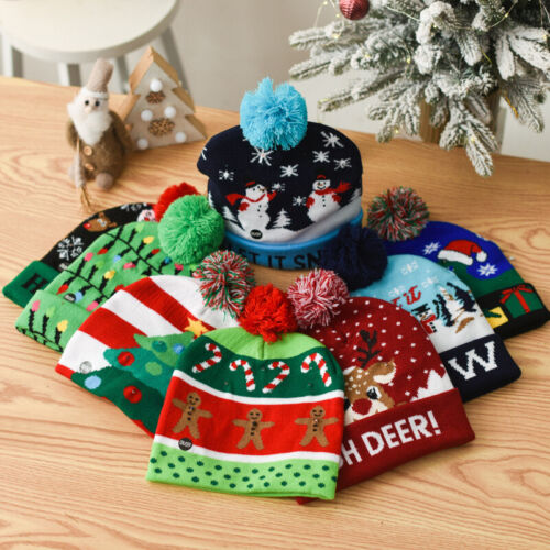 Christmas Knit Beanie Hat with Lights Xmas Santa Hat Snowflake Snowman Skull Cap - Picture 9 of 32